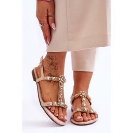 FI1 Ženske sandale od brušene kože s kamenjem, bež Calabrio 1