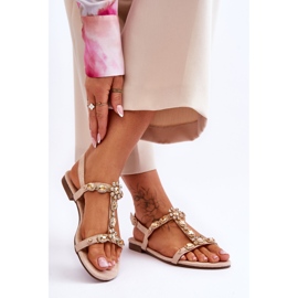 FI1 Ženske sandale od brušene kože s kamenjem, bež Calabrio 2