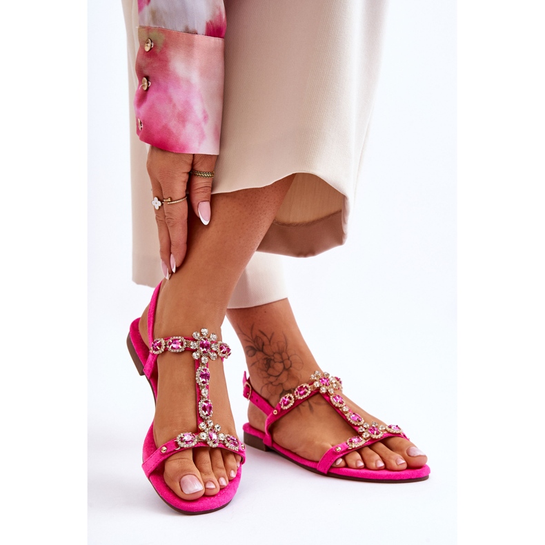 FI1 Ženske sandale od brušene kože s kamenjem Fuchsia Calabrio ružičasta 2