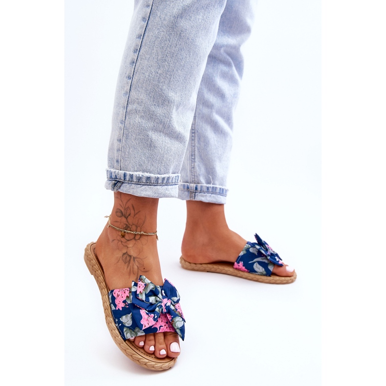 FK1 Ženske papuče s platnenom mašnom tamnoplavi cvijet plava 1