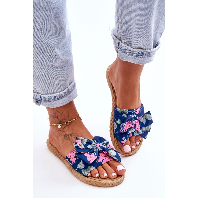 FK1 Ženske papuče s platnenom mašnom tamnoplavi cvijet plava 2