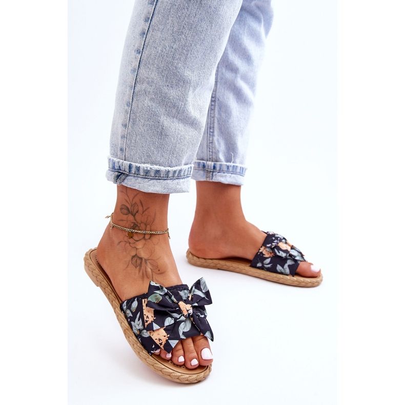 FK1 Ženske papuče s mašnom od tkanine, crni cvijet crna 1