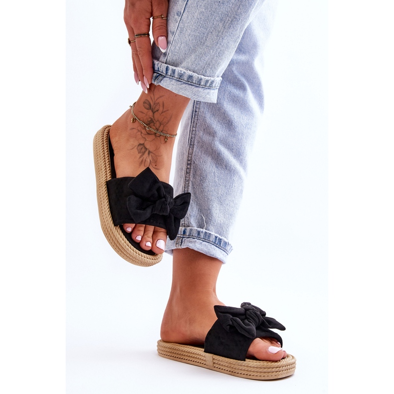 FK1 Ženske papuče od brušene kože s mašnom, crna ograda 1