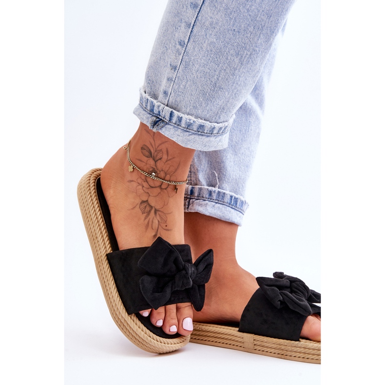 FK1 Ženske papuče od brušene kože s mašnom, crna ograda crno 2