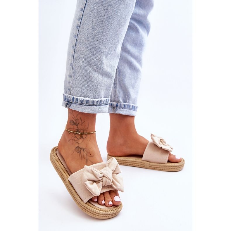 FK1 Ženske papuče od brušene kože s mašnom bež boje 2