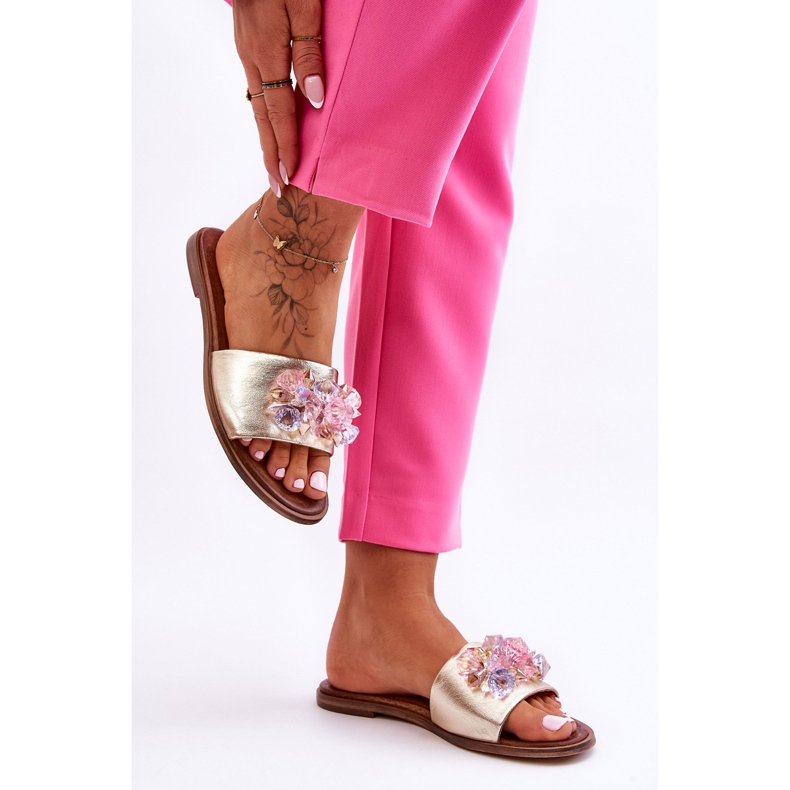 Kožne ženske papuče s ukrasom Nicole 2726/064 zlatne zlatni 1